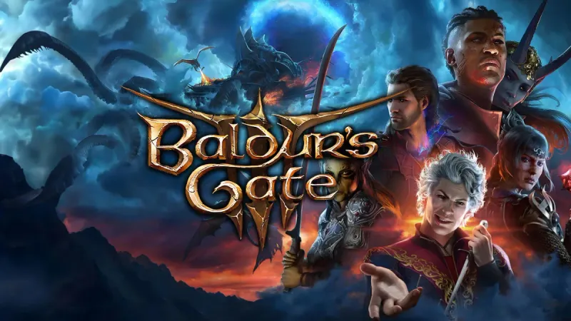 Baldur's Gate 3 key art by Larian Studios — the game's gold logo over a mind flayer nautiloid ship and party companions beneath a stormy Faerûn sky.