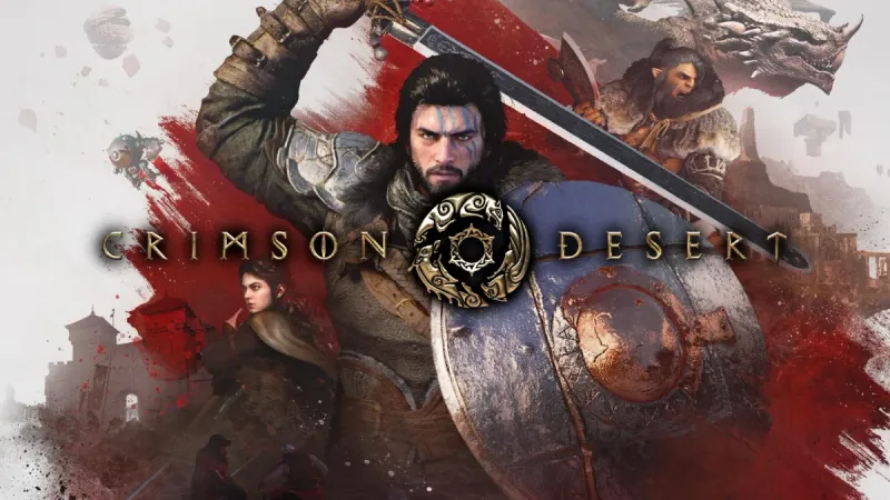 Crimson Desert key art by Pearl Abyss — the mercenary Kliff raising a sword behind a rune-etched shield, with warring clans and a dragon across the war-torn continent of Pywel.