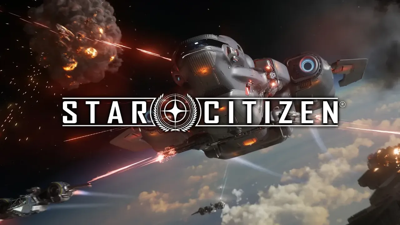 Star Citizen key art by Cloud Imperium Games — the game's logo over a spaceship firing weapons in atmospheric combat above the clouds in the persistent universe.