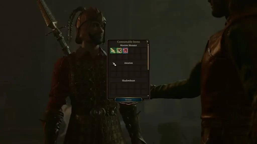 The Consumable Items donate panel used to feed Gale a magical item at camp in Baldur's Gate 3.