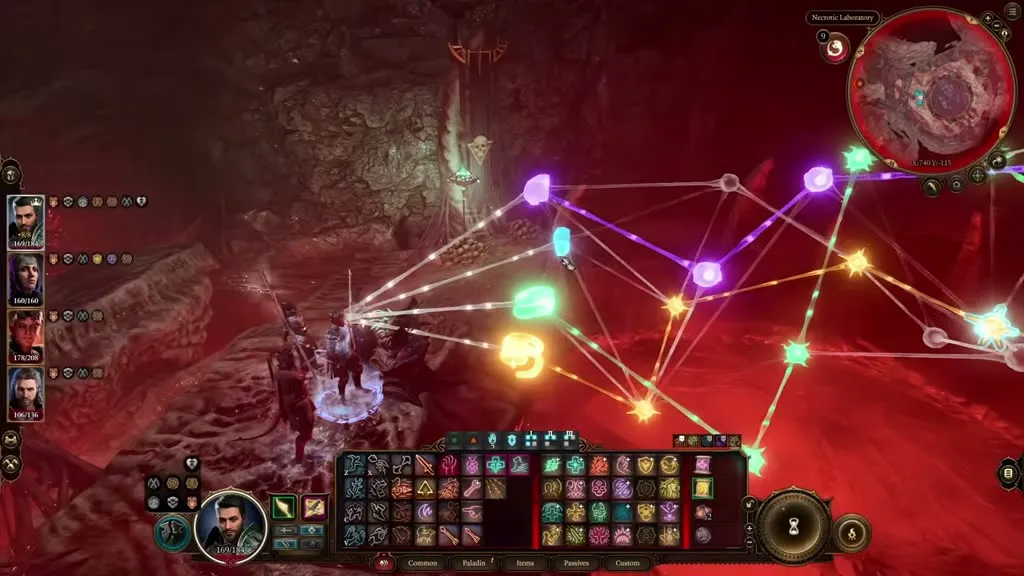 The brain-link puzzle in the Necrotic Laboratory in Baldur's Gate 3 with the colored Reason, Memory, Emotion, and Speech node threads connected.