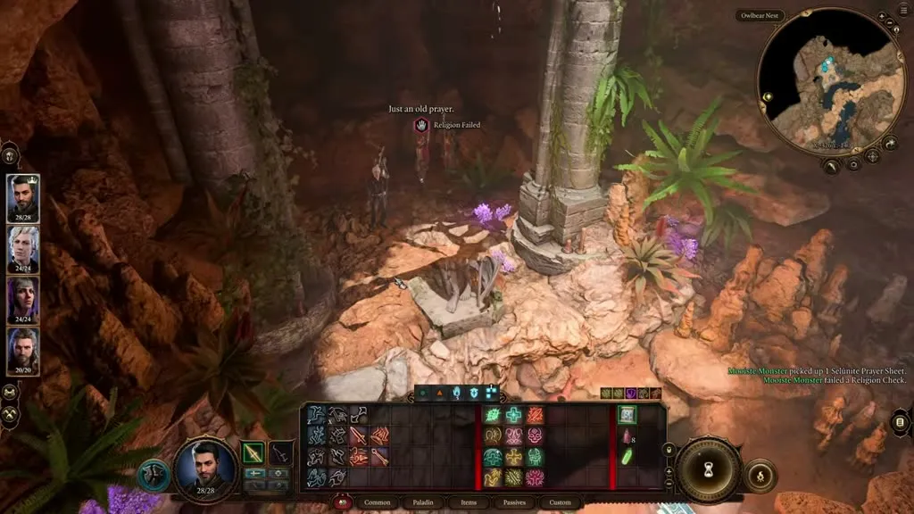 Picking up the Selûnite Prayer Sheet near the Selûne statue in the Owlbear Cave in Baldur's Gate 3.