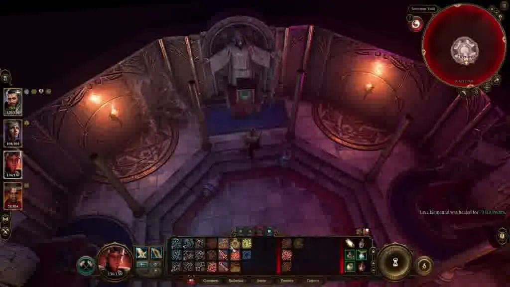 The Elminster vault inside Sorcerous Sundries in Baldur's Gate 3, where the Tharchiate Codex sits on a central pedestal flanked by braziers.