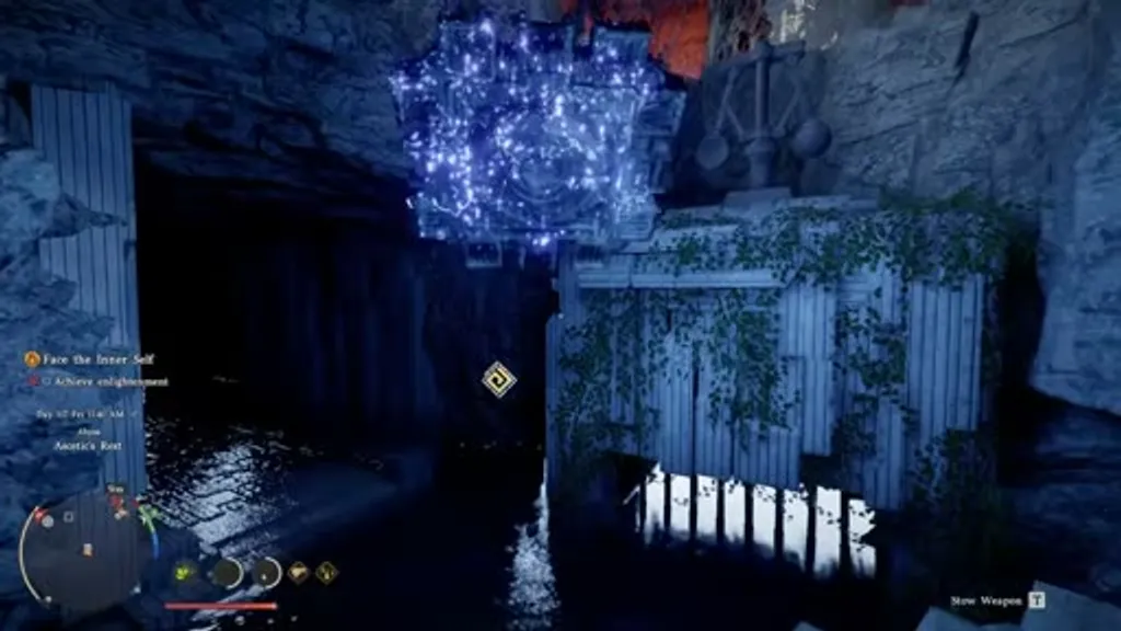 The interior of Ascetic's Rest in Crimson Desert, showing a dimly lit cave chamber with bioluminescent blue light, ivy-covered stone walls, and a glowing collectible on a platform at the end of the tunnel.