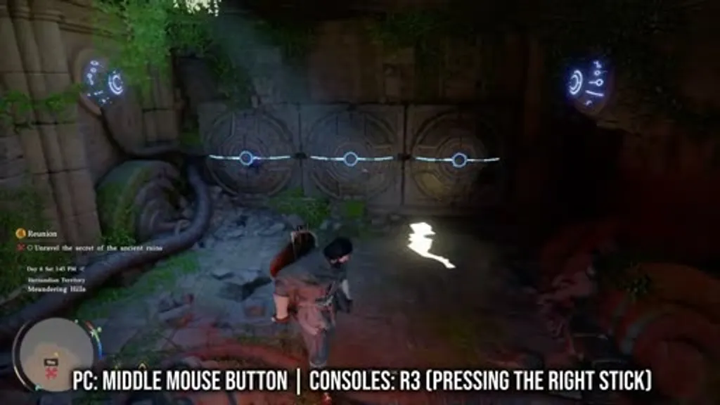 Three stone circle puzzle panels connected by glowing blue energy lines at the Meandering Hills Ancient Ruins in Crimson Desert, showing the typical ruin puzzle layout.