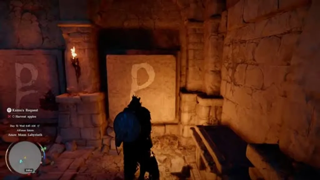 The underground button chamber of the Azure Moon Labyrinth in Crimson Desert, showing two large stone slabs engraved with P symbols on the wall, which must be Force Palmed in the correct order to open the gate.