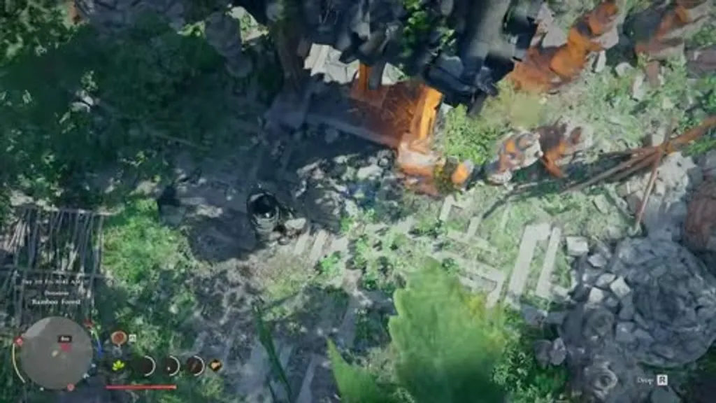 Aerial view of the Seonangdang Ancient Ruins in Crimson Desert's Bamboo Forest, showing the stone cairn pillar surrounded by scattered ruins, bamboo, and lush green vegetation in the mountainous region south of Demeniss.