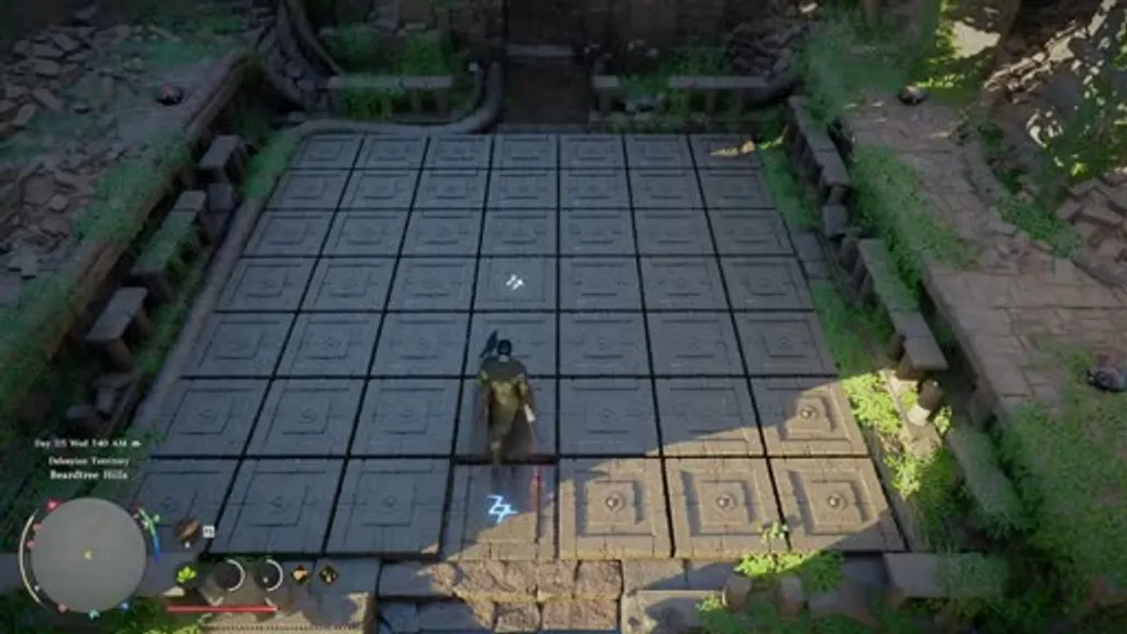 Overhead view of the Beardtree Hills tile puzzle grid at the Ancient Ruins in Crimson Desert, showing the large stone floor with glowing blue and red symbol tiles that must be matched by walking the path between them.