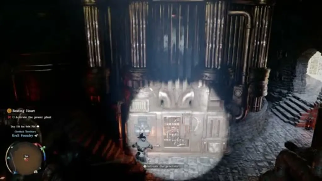 Interior of the thermal power plant in Crimson Desert's Beating Heart quest, showing the player character standing before a large industrial steam-pipe machine with an 'Activate the generator' prompt visible on screen.