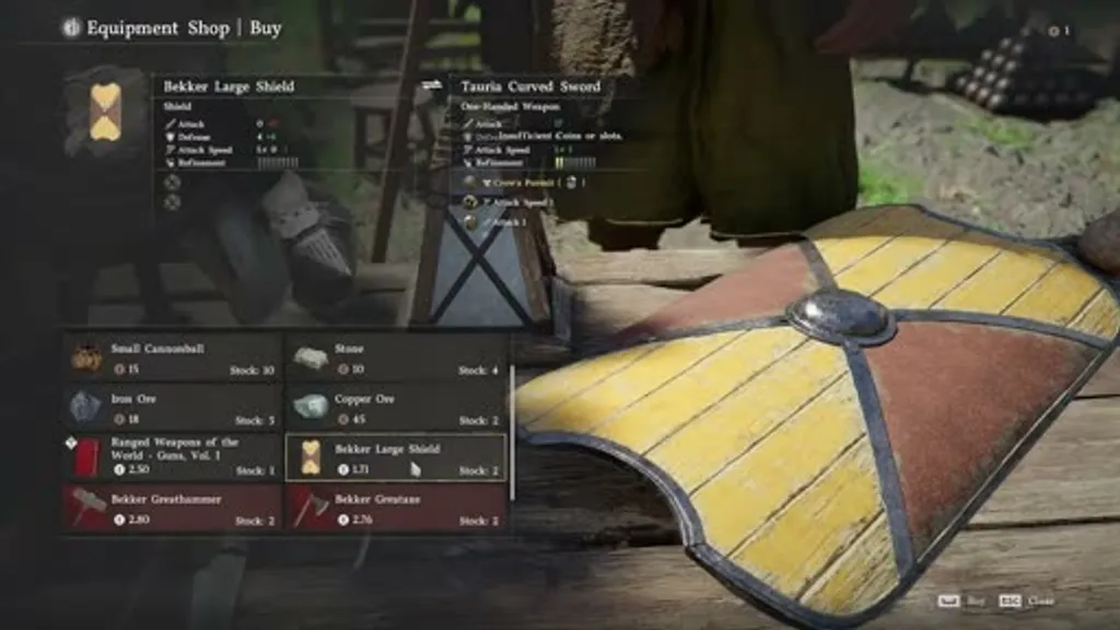 The Equipment Shop buy interface at Nork's merchant stall in Crimson Desert, showing the Bekker Large Shield listed for 45 copper alongside other items including the Bekker Greatsword and Greataxe.