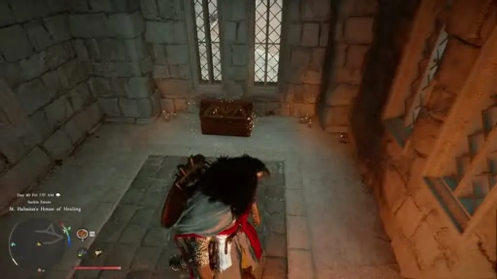 Player character approaching a wooden chest inside a gothic stone tower room in Crimson Desert's St. Halasius's House of Healing, the location of the hidden Blackwing Boots.