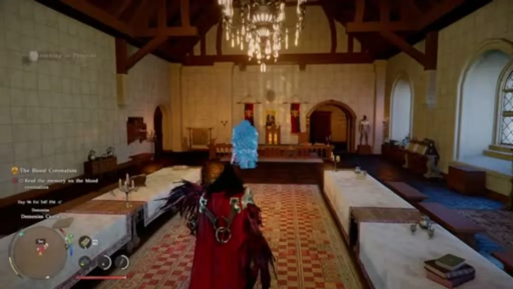 The Duke's office inside the Demeniss palace in Crimson Desert, with a blue glowing Visione spectre apparition visible at the far end of the ornate hall, indicating the memory trigger point for The Blood Coronation quest.
