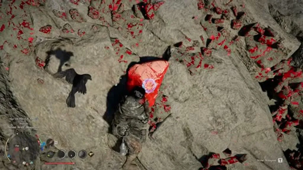 Close-up of a Bloodstone vein at the Pailune Ancient Ruins in Crimson Desert, showing bright red Bloodstone crystals embedded in grey rock, with the player character mining them using a Knuckledrill.