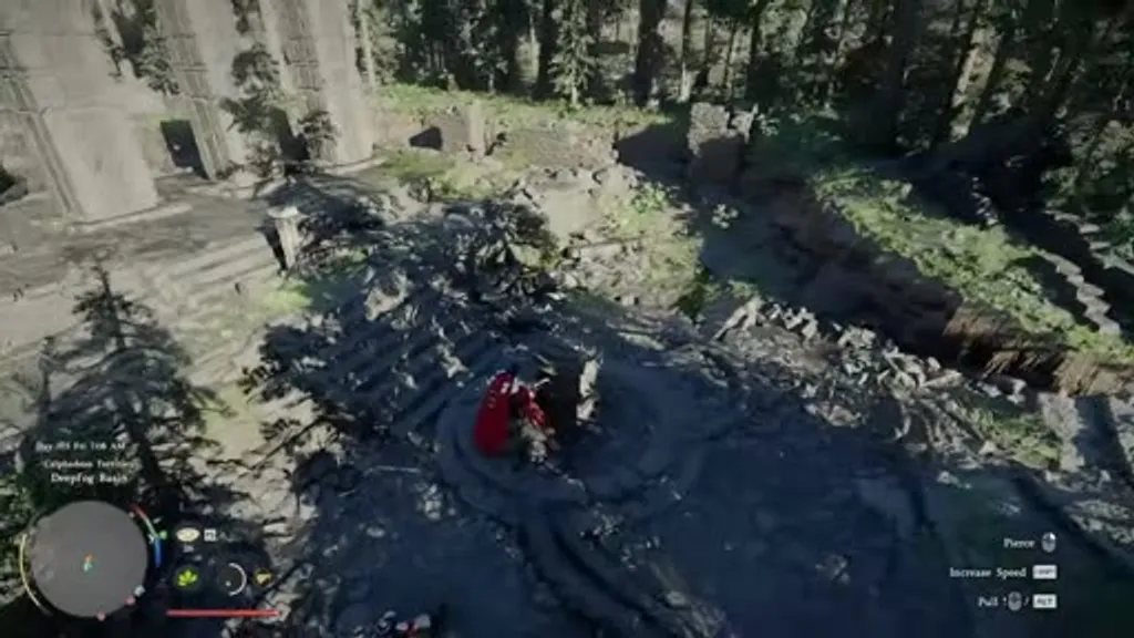 The Deepfog Basin Everfrost ruins area in Crimson Desert, showing the player character standing near a central stone column in a rocky forest clearing, with broken stone pillars arranged in a circle waiting to be activated by rotating the column with the Stab ability.
