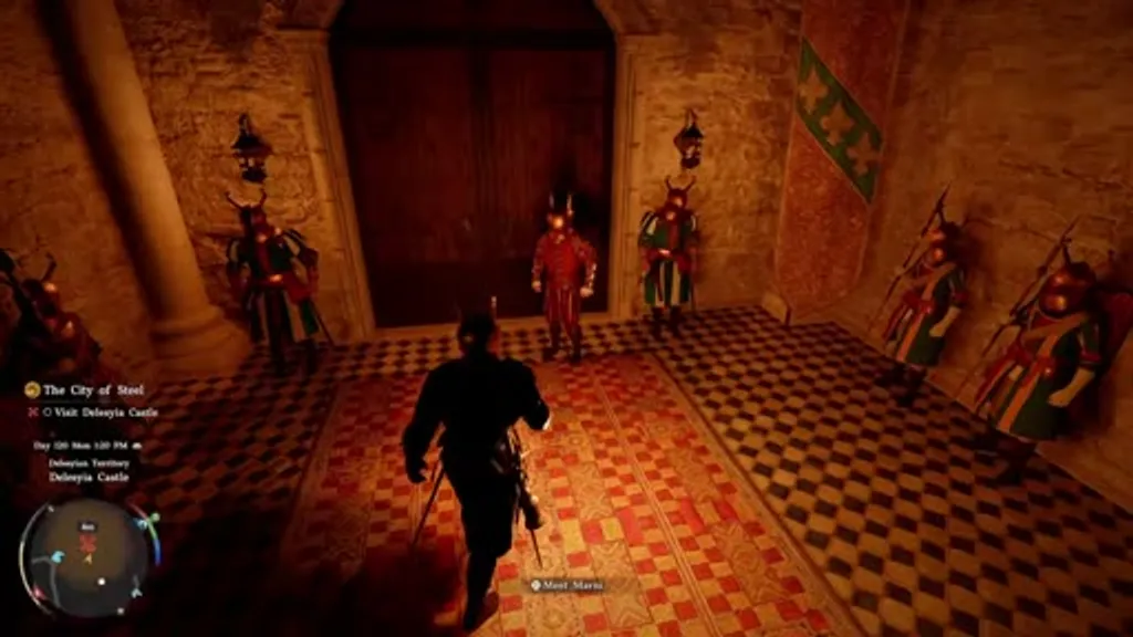 Interior entrance hall of Delesyia Castle in Crimson Desert, showing the player character walking through the ornate archway flanked by two armored castle guards with spears, with the castle courtyard visible ahead.