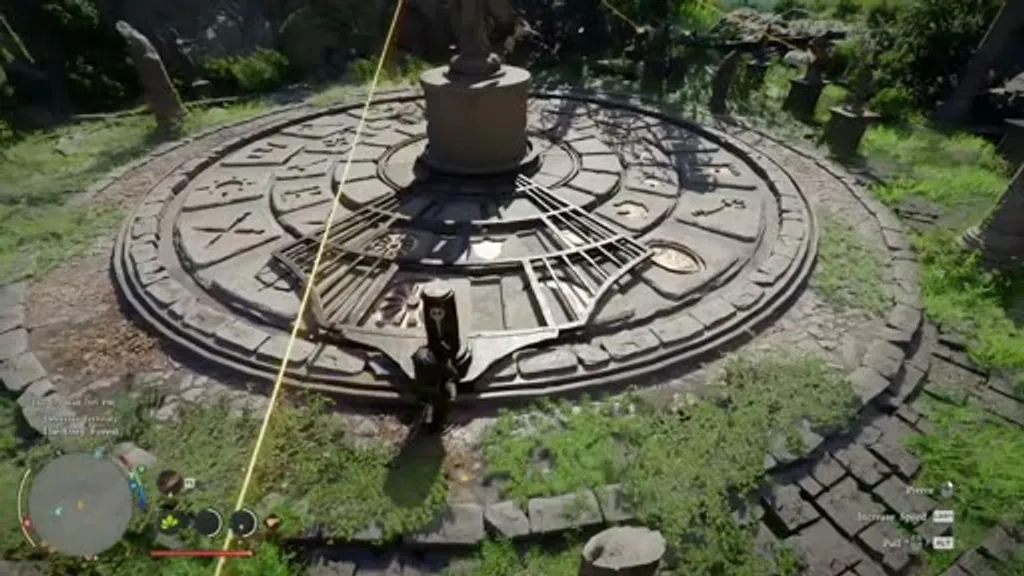 Top-down view of the circular symbol dial at the Grey Forest Ancient Ruins in Crimson Desert, showing the carved rune symbols on the rotating stone ring with golden guide lines marking the lock positions.