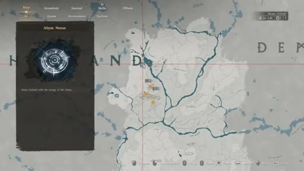 The Crimson Desert map screen showing the Abyss Nexus fast travel menu popup on the left, with multiple unlocked travel points visible across the Hernand region of the map.