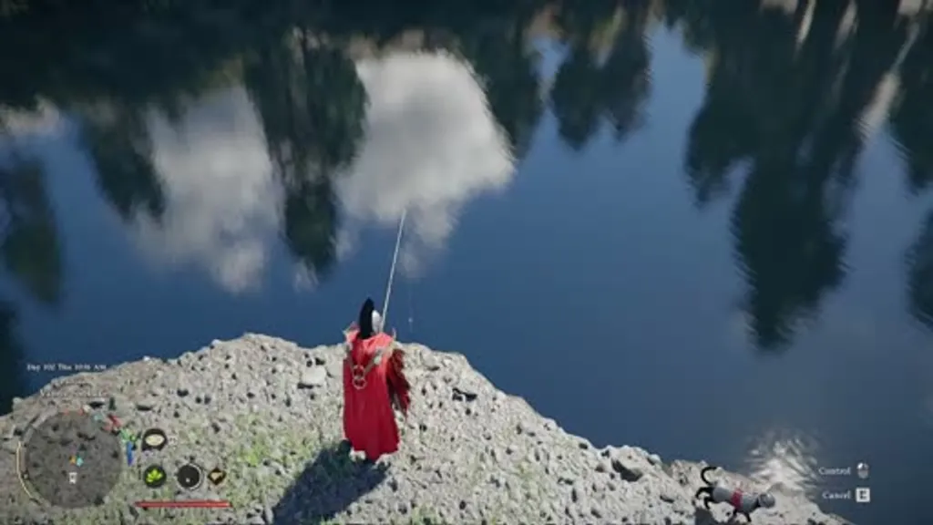 Player character in a red cloak fishing at a calm lake in Crimson Desert, with the fishing rod extended over the still water reflecting the sky and surrounding rocky shore.
