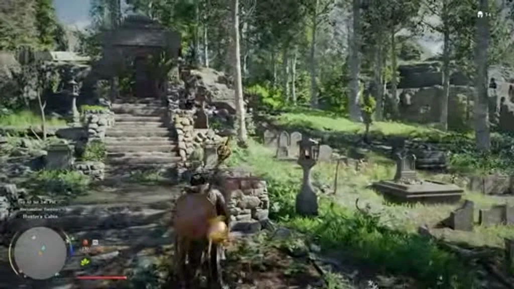 The Hunter's Cabin Ancient Ruins mausoleum in Crimson Desert, showing the stone staircase entrance flanked by stone lanterns and surrounded by weathered gravestones in a forested clearing.