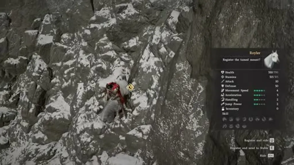 The legendary white horse Royler's stat panel in Crimson Desert, showing 700 Health, 320 Stamina, high Movement Speed, and options to Register and Ride or Register and Send to Stable, with the player crouched on a snowy mountain cliff near the P of Pailune.