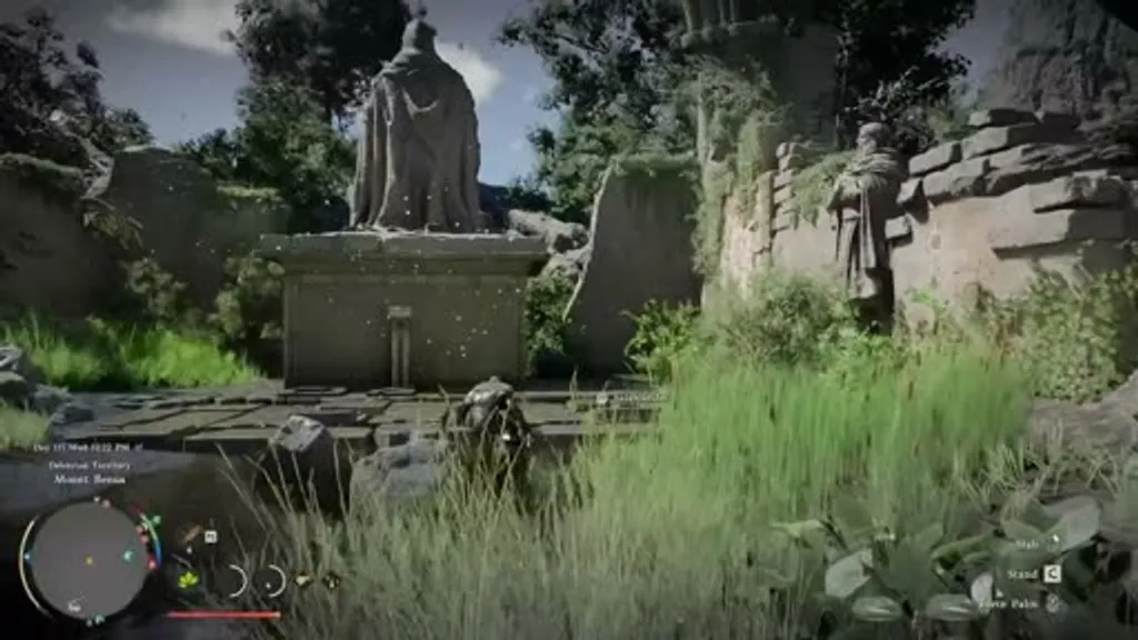 Two robed stone statues standing in the overgrown ruins at Mount Benus in Crimson Desert, surrounded by tall grass and crumbling walls — the 'Red Light, Green Light' gauntlet sentinels.