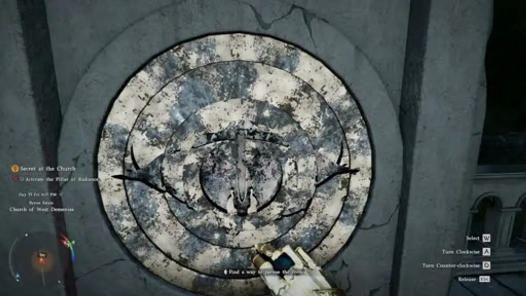 The Pillar of Radiance eye disc puzzle in Crimson Desert's Secret at the Church quest, showing the large circular stone panel on the church wall with concentric carved rings and on-screen prompts for Select, Turn Clockwise, Turn Counter-clockwise, and Release.