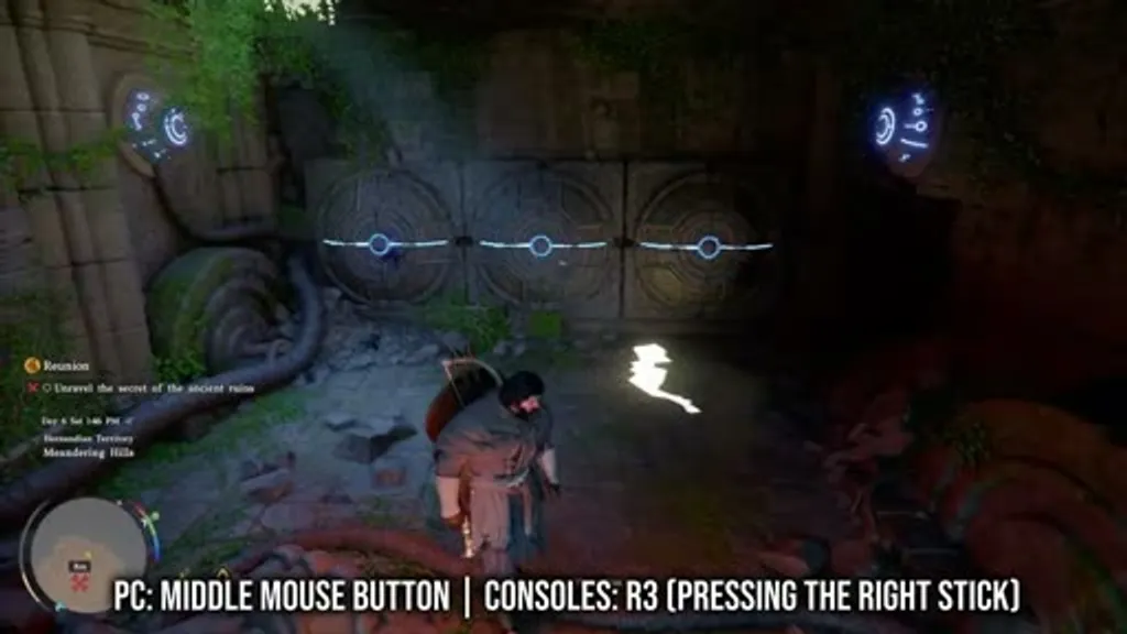 The three circular stone wheel panels at the Meandering Hills Ancient Ruins in Crimson Desert, with blue glowing energy lines connecting two of the wheels after striking them with Force Palm in the correct order.