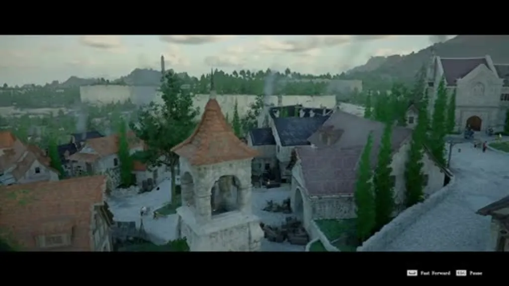 Aerial view over a Crimson Desert village with terracotta rooftops, a stone archway, and lush green trees, showing the region revealed after ringing the church bell as a Shai sweeps the fog of war from the surrounding area.