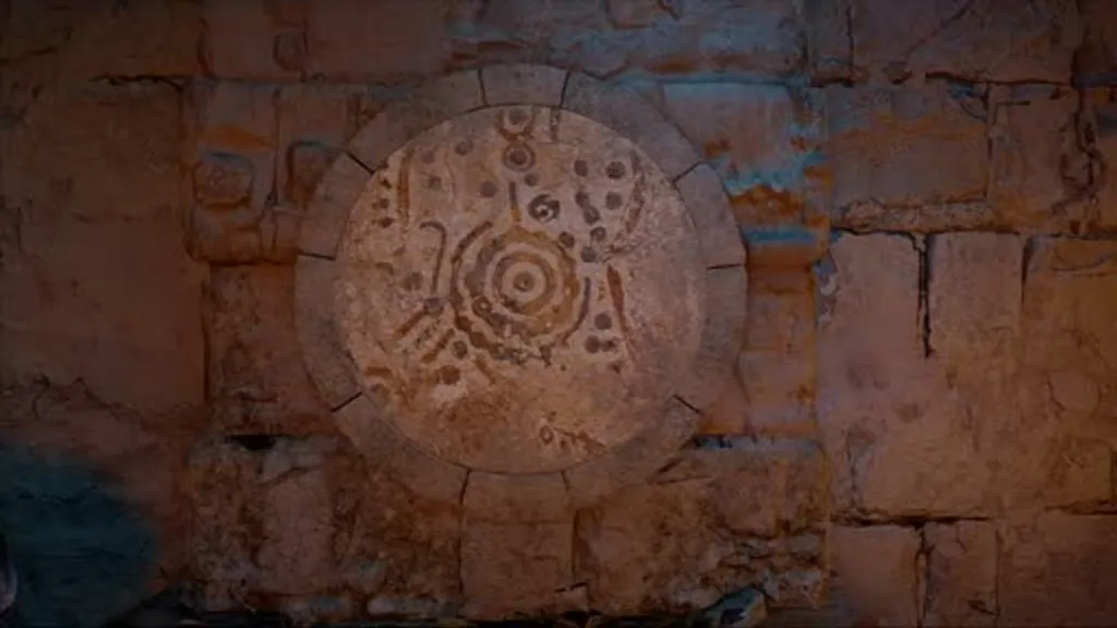 A circular stone wall disc carved with ancient symbols inside The Screaming Vault ruins in Crimson Desert, illuminated by warm torchlight against aged sandstone brickwork, showing the etched circular pattern that must be rotated to solve the puzzle.