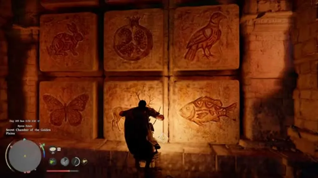 The six carved animal symbol tiles in the underground chamber of the Secret Chamber of the Golden Plains in Crimson Desert, showing a rabbit, pomegranate, bird, butterfly, and fish engraved on warm stone blocks.