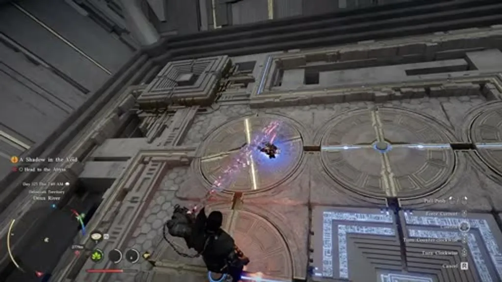 Using Axiom Force to rotate one of the glowing circular disks on the roof of the Cube spaceship in Crimson Desert's A Shadow in the Void quest.