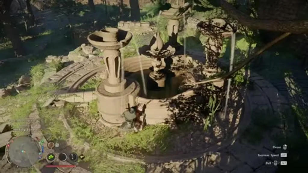 Aerial view of the Smoking Lands Ancient Ruins fountain puzzle in Crimson Desert, showing the three stone water columns surrounding a central fountain with water beginning to flow inward after being rotated with the Stab ability.