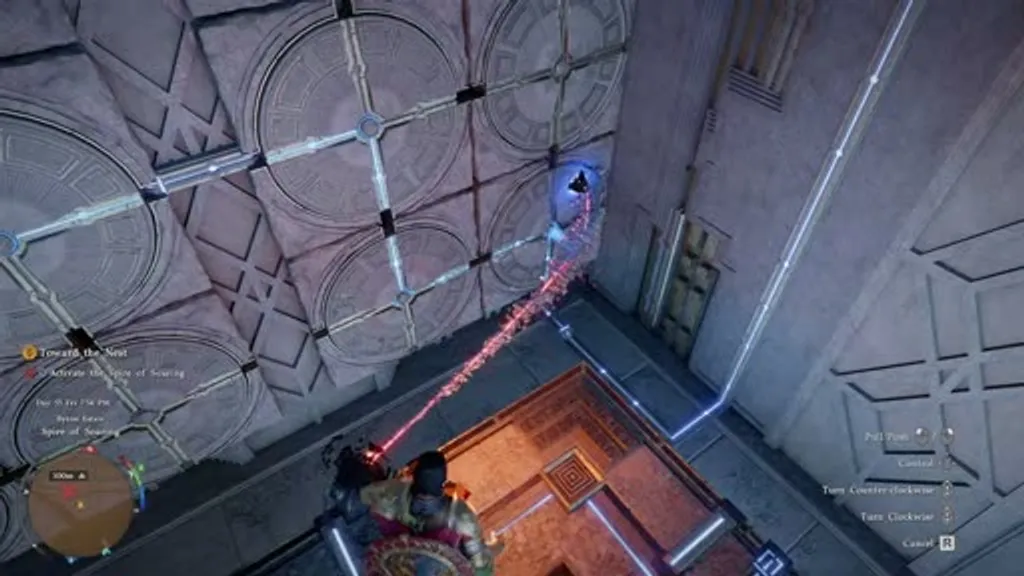 The wall circuit puzzle inside the Spire of Soaring in Crimson Desert, showing the player using a red energy beam to rotate a circuit disc on the decorated stone wall, with glowing blue connection lines forming the correct path and on-screen prompts for Pull From, Turn Counter-clockwise, Turn Clockwise, and Cancel.