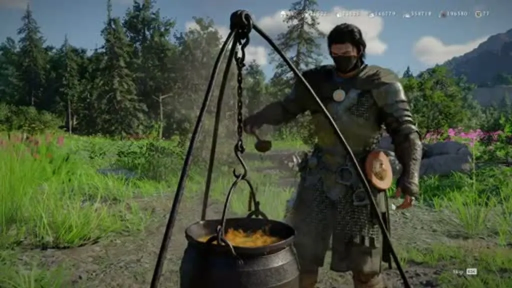 Player character using an outdoor cooking pot cauldron in Crimson Desert, standing at a three-legged hanging pot over a fire in a forest clearing, preparing to switch to Improvised Mode to learn a recipe by crafting it three times.