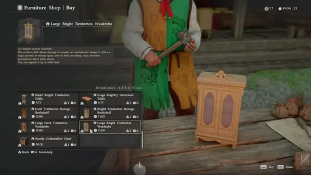Edmon's Furniture Shop buy interface in Crimson Desert's Timberton settlement, showing the Large Bright Timberton Wardrobe selected with a 3D preview of the ornate wooden wardrobe on the right, alongside other furniture items including wardrobes, tables, and bookshelves.