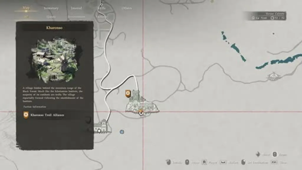 Map view of the Kharonso settlement in Crimson Desert showing its location south of Hernand, with the settlement highlighted in a location callout panel showing 'Kharonso' and its Kharonso Troll Alliance faction affiliation, indicating where vendor Grania sells Honey Tea.