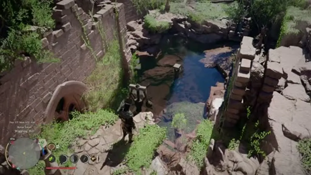 The water-filled chasm at Wiggling Hill Ancient Ruins in Crimson Desert, with the windmill pump mechanism beside the pool and the stone ruins walls surrounding it.