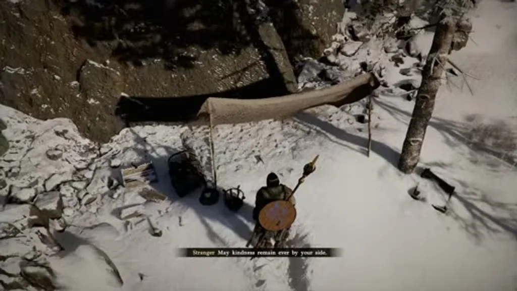 The Witch of Kindness at her small snow camp in Pailune in Crimson Desert, seated under a canvas lean-to shelter with a pot and provisions nearby, as the player character approaches and she says 'Stranger: May kindness remain ever by your side.'