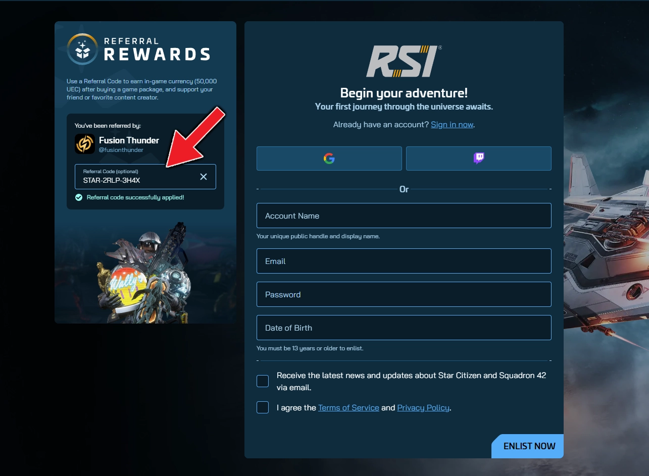 The RSI enlist page in Star Citizen with the referral code field filled in with STAR-2RLP-3H4X.